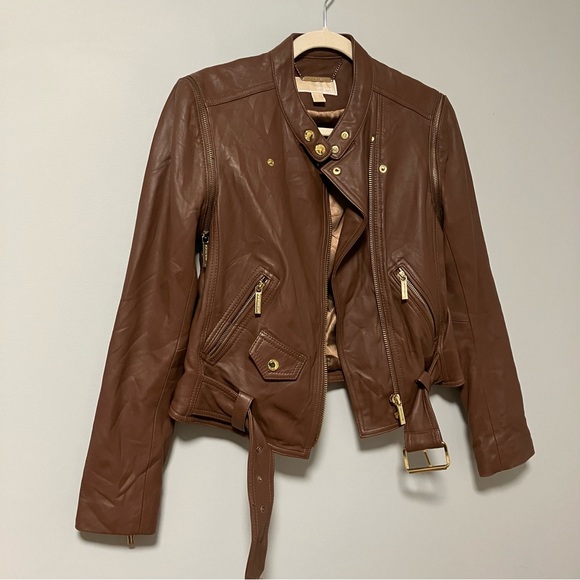 Michael Kors Biker 2 in 1 convertible vest brown leather jacket gold hardware - Picture 3 of 15